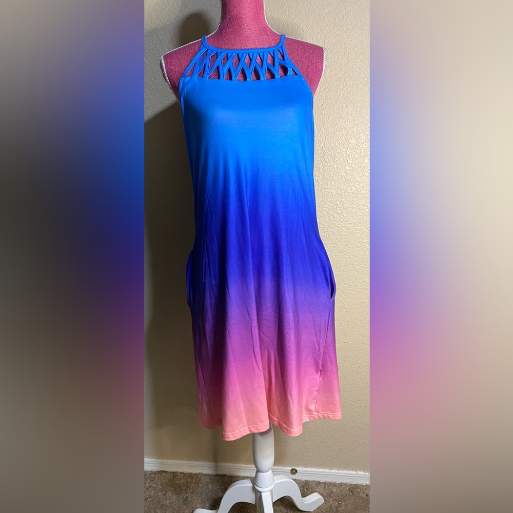 Blue and Pink Ombré halter dress with pockets